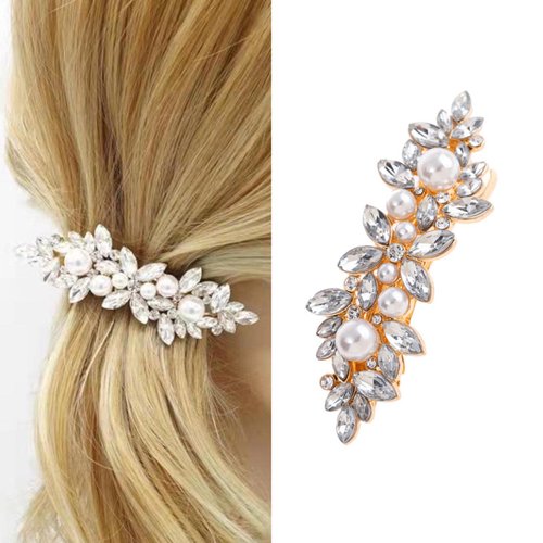 Zeshimb Wedding Crystal Hair Clips Vintage Pearl Hairpiece Clips Pearl Rhinestone Hair Barrette Gold Crystal Pearl Hairclips Decorative Hair Accessories for Women and Girls
