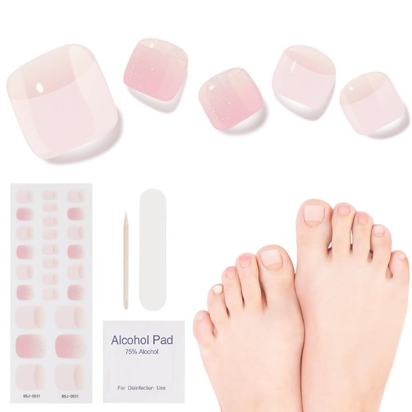 DUKASOU Semi Cured Gel Pedicure Strips, 26pcs Gel Toenail Stickers Full Nail Wraps Decorations Birthday Party Favor Gifts, Includes Prep Pads, Nail File & Wood Stick (Peach Blossoms)