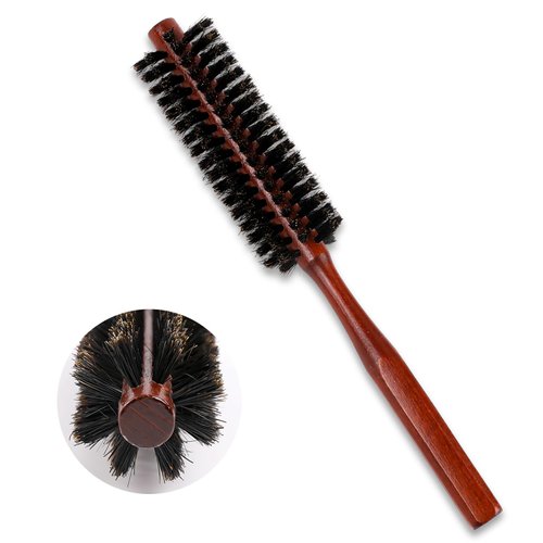 Portable Round Boar Bristle Brush with Ergonomic Wood Handle - Mini Hairbrush for Drying, Styling, Curling, and Adding Volume