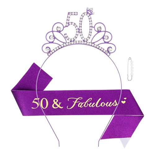 Casoty Purple 50th Birthday Sash and Tiara for Women, 50th Birthday Decorations Women, 50 and Fabulous Sash and Crown Set, Happy 50th Birthday Party Supplies, 50th Birthday Gifts for Women