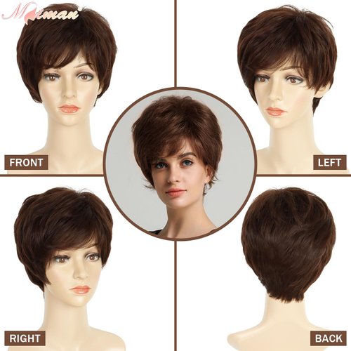 MIMAN Women's Short Brown Pixie Cut Wig Short Layered Hair Wigs with Bangs Fluffy Synthetic Hair Replacement Wig for Women Halloween Costumes Wigs