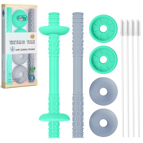 Giftty Teething Tube with Safety Shield - Baby Hollow Teether Sensory Toys & Gum Massager for 3-12 Months Boys Girls, BPA-Free Food-Grade Silicone, 1 Pair with 4 Cleaning Brush Included(Emerald+Gray)
