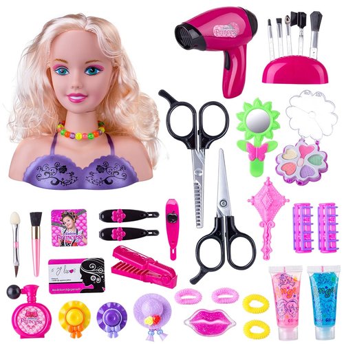 Makeup and Hair Styling Doll Head Toy Kit - 35Pieces Kids Pretend Play Set with Hair Dryer Washable Cosmetics Style Accessories, Makeup Practice Birthday Gifts for Girls
