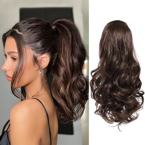 BETHANY Ponytail Extension,15 Inch Drawstring Ponytail Hair Extensions Short Wavy Fake Pony Tail Synthetic Hair Pieces for Women (Brown)