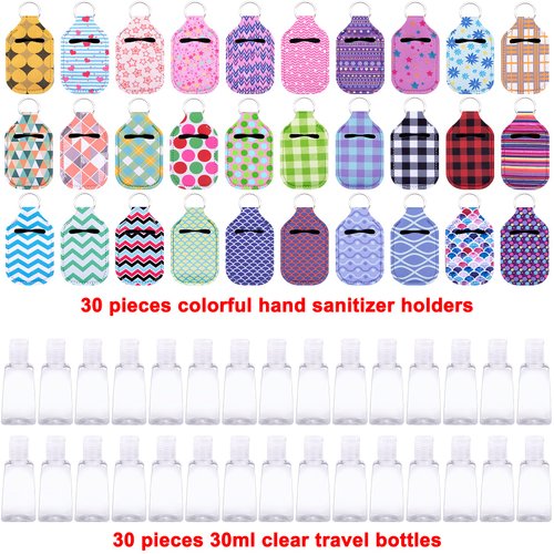 Duufin 60 Pcs Hand Sanitizer Keychain Holders Set with 30 Pcs Empty Bottles 30 Pcs Hand Sanitizer Holder for Backpack Purse