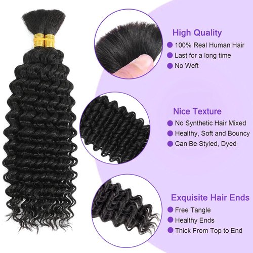 20 Inch Human Braiding Hair for Boho Braids 100g/pack 2 Bundles Deep Wave Bulk Human Hair Braiding No Weft Micro Braiding Hair Human Hair Extensions
