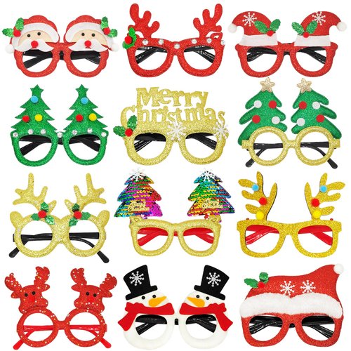 Dayify Christmas Party Glasses, 12Pcs Christmas Glitter Eyeglasses Frames Party Favors for Kids Adults, Christmas Glasses for Xmas Holiday Decorations