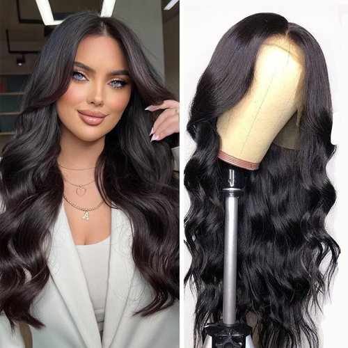XCHJH Long Black Wavy Wig for Women Synthetic Lace Front Wigs 26inch Middle Part Synthetic Lace Wigs Curly Wavy Synthetic Wigs Natural Looking Wigs Heat Resistant Wigs for Daily Party Use