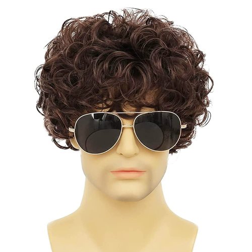Amnenl Mens Afro Brown Short Wigs 70s 80s Rocker Curly Wig Kinky Synthetic Wigs for Cosplay Halloween Wig(Dark Brown)