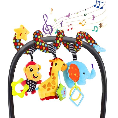 WILLWAY Car Seat Toys, Stroller Toy Baby Spiral Hanging Toys for Sensory Exploration, 0-12 Months Newborn Toys for Car Seat Stroller Crib Bassinet Mobile with Music Box BB Squeaker Rattles