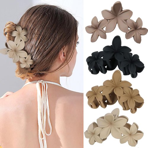 4PCS Matte Hair Clips Set for Women - Claw Clips for Thin Hair, Flower Hair Accessories with Cute Designs (brown, light brown, black)