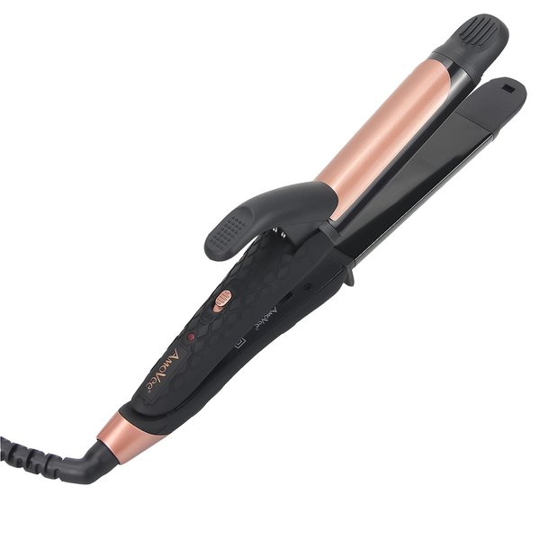AmoVee Travel Curling Iron, Mini Curling Iron, Dual Voltage(100-240V), 1 Inch 2 in 1 Flat Iron Mini Hair Straightener for Travel, Black
