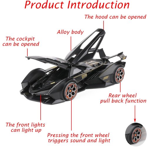 Toy Cars Lambo V12 Sports Race Car Model 1/24 Black Alloy Collectible Diecast Vehicles with Sound and Light