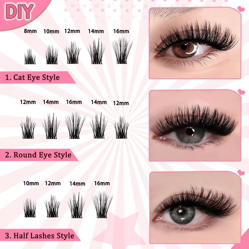 Self Adhesive Lash Clusters Kit Flu-ffy 8-16mm No Glue Lashes Press On Lashes, 60 Pcs Glueless DIY Eyelash Extensions Kit Pre Bonded Lash Clusters with Eyelash Curler and Lash Tweezers(No Glue FD27)