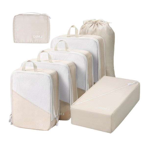 DIMJ Compression Packing Cubes for Travel Packing Cubes 7 Sets Lightweight Compression Bags for Travel Cubes Mesh Packing Cubes With Shoes Bag/Laundry Bag/Underwear Bag (Beige)