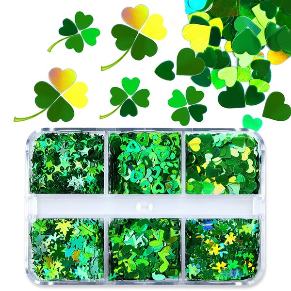 6 Grids 3D Heart Nail Glitter Sequins St. Patrick's Day Nail Art Stickers Decals Green Clover Flakes Acrylic Nails Design Supply Nail Sparkle Glitter for Nail Art Decoration
