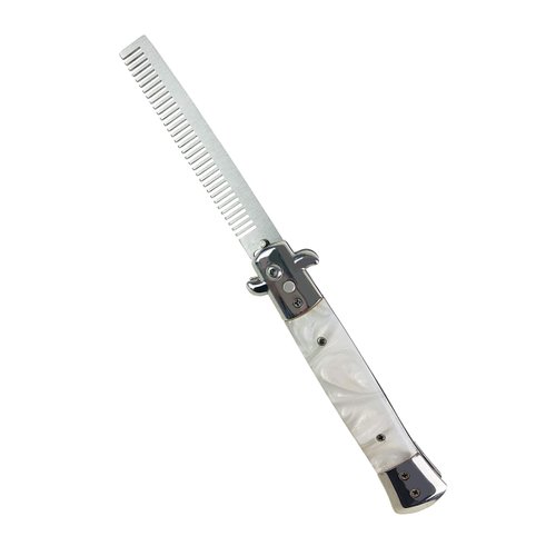 Switchblade Comb Pocket Knife Hair Brush Automatic Push Button Folding Barber (White Marble)