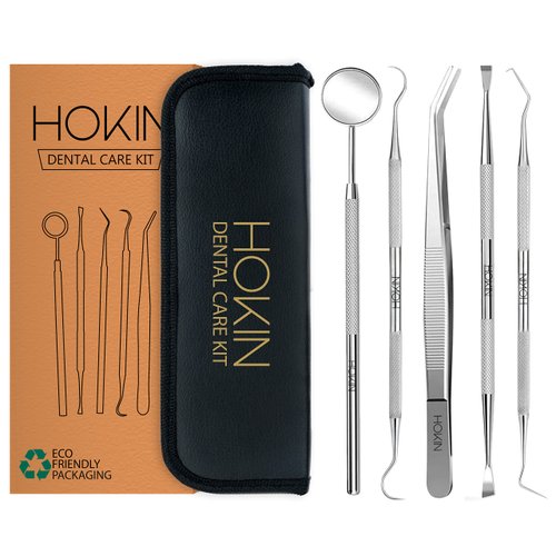 Dental Tools by HOKIN Plaque Remover Teeth Cleaning Tool Dental Care Kit Tooth Filling Repair Set Stainless Steel Dental Picks for Men Women Kids and Pet Care (5 Pcs)