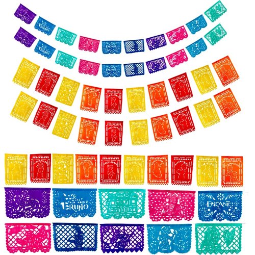 50 Ft Papel Picado Mexicano para Fiesta with Encanto Movie Scenes and Magic Doors (12.5 FT x 4) Set of 4 Papel Picado Plastico Mexican Party Decorations, Encanto Birthday Party Supplies, Mexican Party Decorations