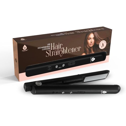 Pursonic USB Rechargeable Cordless Hair Straightener with 2 * 4500mah Batteries - Portable Hair Straightener with 3 Temp Level, LED Indicators & Ceramic Coated Flat Iron (Black)