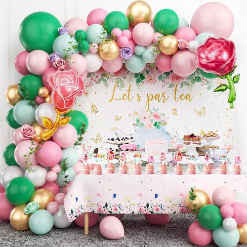 SNLN 126Pcs Floral Tea Party Decorations Birthday Supplies for Girls Women, Tea Party Balloon Arch & Lets Partea Backdrop Tablecloth Cupcake Topper Rose Balloon Fairy Tea Party Birthday Decorations