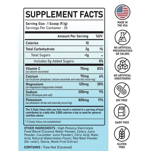 Electrolytes Powder Hydration | Real Food High potency | Watermelon 30 Servings | High potency Electrolyte powder | Hydration drink mix | Electrolyte Supplement with Potassium Magnesium Calcium