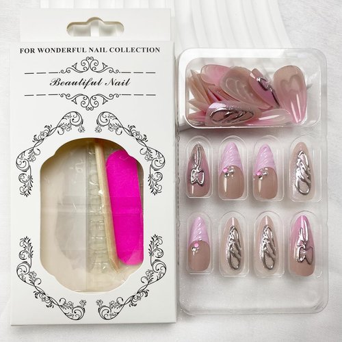 Pink French Tip Press on Nails Long Almond Fake Nails Full Cover False Nails with Charms Rhinestone Bow Glue on Nails Full Cover Shiny Stick on Nails Cute Nude Artificial Nails for Women 24Pcs