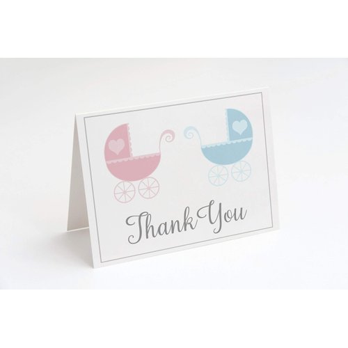 Twins Baby Shower Thank You Cards Gender Reveal Thank You Notes Thank You Cards Shower Lovely Carriages Twins White Pink Blue Grey Gray Stroller Twins (24 Count)
