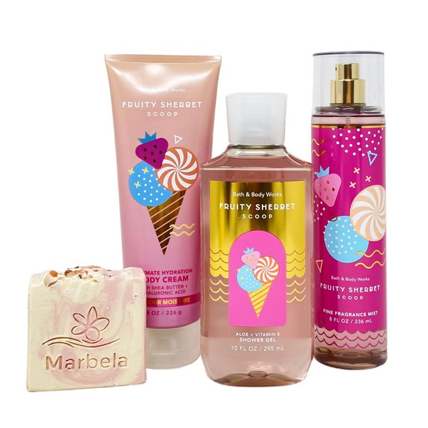 Bath & Body Works Fruity Sherbet Scoop 3 Piece Gift Set - Fragrance Mist - Body Cream - Shower Gel - with a Himalayan Salts Springs Bar Soap