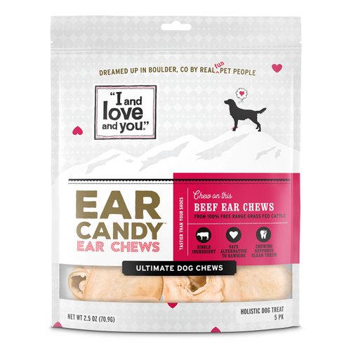 "I and love and you" Ear Candy Cow Ear Strips - Grain Free Dog Chews, 100% Beef Cow Ears, 5 Count