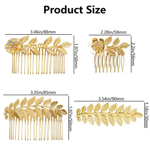 BOYIVI 4 PCS Hair Comb Set, Gold Leaf Hair Side Combs with Teeth, Hair Barrette, Rhinestone Wedding Headpiece Hair Accessories for Women, Girls, Bride, Bridesmaid