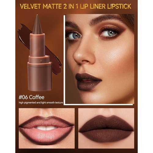 2 in 1 Lip Liner Lipstick,Coffee Nude Brown Lip Liner Lip Gloss,Velvet Matte Sharpened Head Lip Tint Stain,Long Lasting Waterproof,Highly Pigmented Non-sticky Tinted Lip Balm,Lip Makeup for Women-06