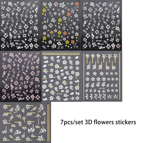 3D Hibiscus Flower Nail Stickers Flowers Nail Decals Summer Nail Art Decoration Pink White Flowers Stickers for Acrylic Nails Tropical Leaves Stickers for Women Nail Art Supplies