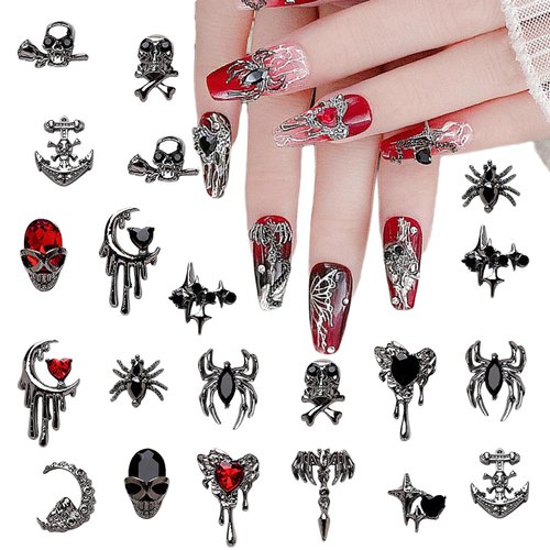 22 PCS Halloween Nail Charms 3D Alloy Nail Art Charms 3D Black Red Rhinestones Nail Supplies Skeleton Star Heart Spider Gems Cross Design for Manicure Craft DIY Nail Art Decorations Accessories