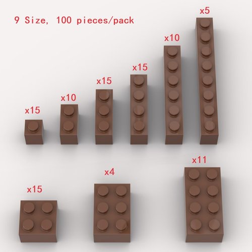 100 Piece Brown Bricks Bulk Assortment Pack, 9 Size Brown Classic Building Blocks Bricks, Compatible with Lego Parts and Pieces(Color: Brown)