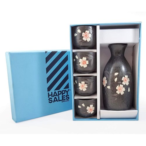 Happy Sales HSSS-WPB20, Black Porcelain Sake set Pink Blossom Design