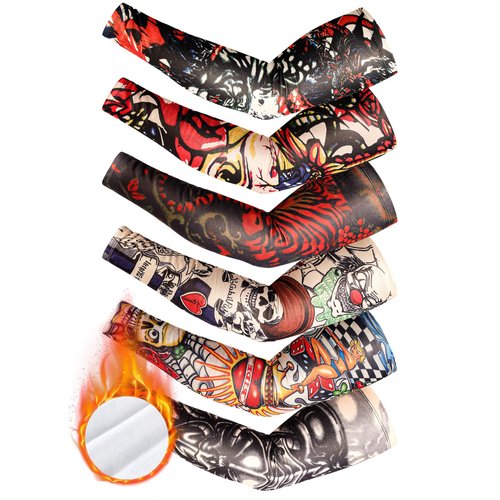 Fourluoo 6 Pcs Temporary Tattoo Sleeves Thermal Arm Warmer for Men Women Winter Anti Slip Arm Sleeves for Cycling Running(Classic)