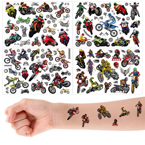 PEUTIER 4pcs Dirt Bike Temporary Tattoos, Motorcycle Stickers Dirt Bike Stickers Motorcycle Birthday Decorations for Kids Boys Girls Motocros Birthday Multicolor