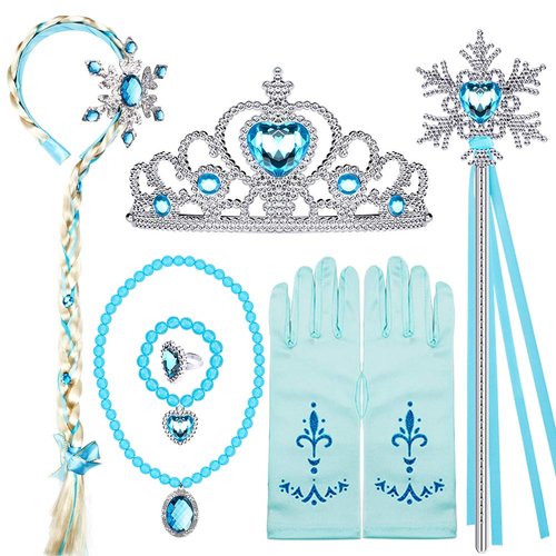 Elsa Princess Dress Up Accessories Frozen Jewelry Play Toy Set for Girls with Headband Braid Wig,...