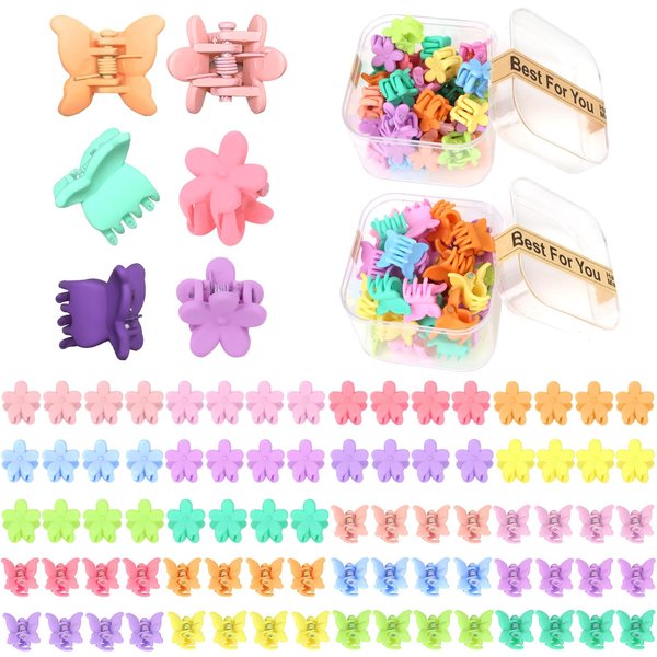 YISSION Mini Hair Clips Set - 80Pcs Tiny Flower and Butterfly Clips for Hair Accessories, 90s Pastel Colors, with Box Package for Girls and Women