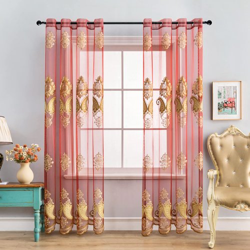 ELKCA Luxury Embroidered Sheer Curtains for Living Room Burgundy Red Tulle Curtains for Bedroom Transparent Yarn Curtain,Grommet Top,52" W x 96" L,2 Panels