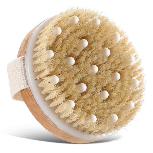 Body Bath Brush for Wet or Dry Brushing,Round Exfoliating Brush,Gentle Massage Nodes,Natural Bristles Improves Lymphatic Functions, Exfoliates, Stimulates Blood Circulation