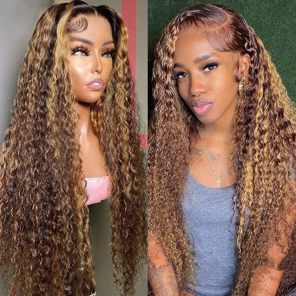 SWEETGIRL Highlight Ombre Water Wave Lace Front Wigs Human Hair Curly 13x4 HD Lace Frontal Wigs for Women Honey Blonde Colored Human Hair Lace Front Wigs 180 Density 24 Inch