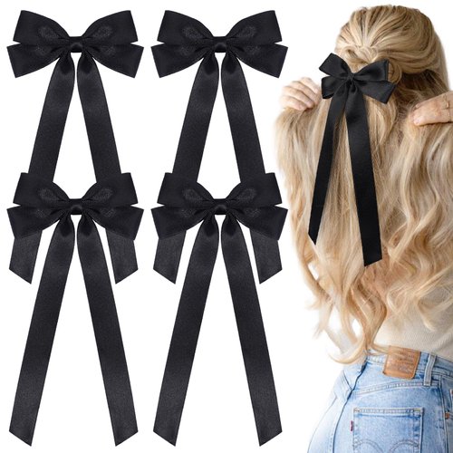 CN 4 PCS Hair Accessories: Silk Satin Ribbon Bows with Long Tassel Tails, Alligator Clips for Women and Girls (Black 2)