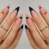 Black French Tip Press on Nails Medium Almond Fake Nails with Black Heart Design Gold Line Stick on Nails Glossy Acrylic Full Cover Glue on Nails Stiletto False Nail For Women Valentine's Day Manicure