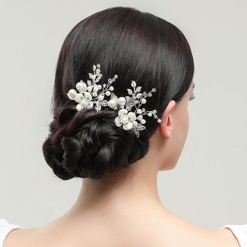 CASOLVX Pearl Flower Hair Clips Crystal Leaf Handmade Silver Hair Pins Wedding Bridal U Shape Hair Pins for Bride and Bridesmaid Gifts 2PCS