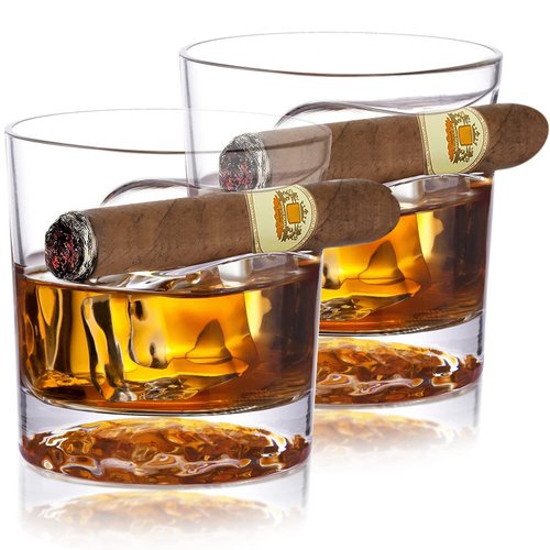 Chouggo Cigar Whiskey Glasses - Unique Ice Ball Bottom Design, Old Fashioned Whiskey Glasses with Cigar Holder Rest Set of 2, Whiskey Gifts for Men, Dad, Boyfriend, Husband, Grandpa