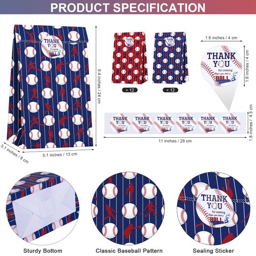 durony 24 Pieces Baseball Party Treat Bags Kraft Paper Bags 9.4 x 5.1 x 3.1 Inch Party Favor Bags Goodie Candy Bags with Stickers for Sports Theme Party Decorations