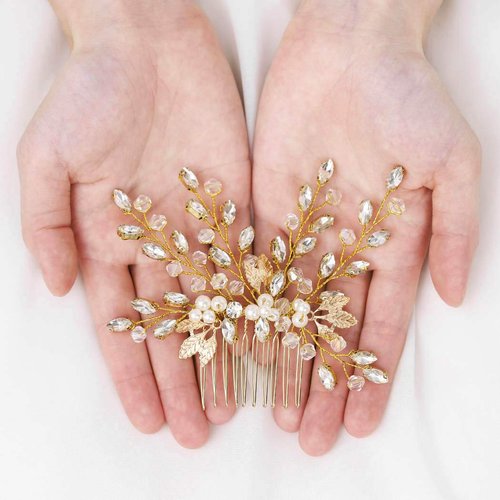 Gorais Gold Leaf Wedding Hair Comb Brides Hair Pieces Crystal Rhinestone Bridal Hair Accessories for Women and Girls