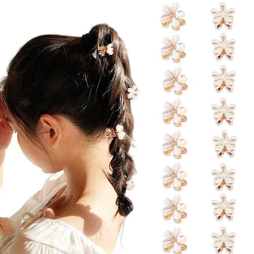 Doromy 16Pcs Small Faux Pearl Hair Claw Clips with Mini Crystal Floral Accents - Sweet Artificial Barrettes for Women and Girls Hair Clips